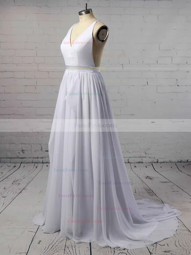 A-line V-neck Chiffon Sweep Train Sashes / Ribbons Prom Dresses #Favs020105276