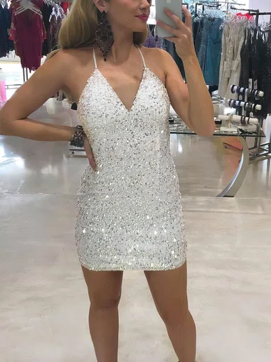 Sheath/Column V-neck Sequined Short/Mini Short Prom Dresses #Favs020020111094