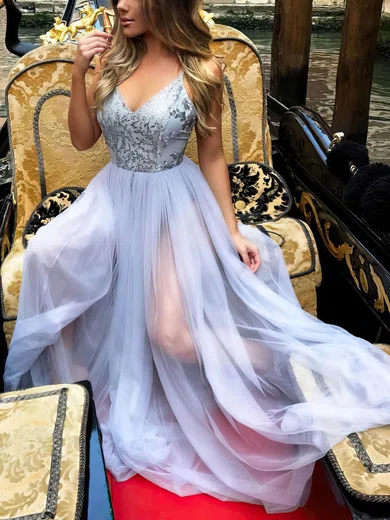A-line V-neck Tulle Floor-length Sequins Prom Dresses #Favs020105288
