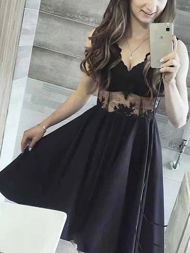 A-line V-neck Satin Lace Short/Mini Short Prom Dresses With Appliques Lace #Favs020020110237