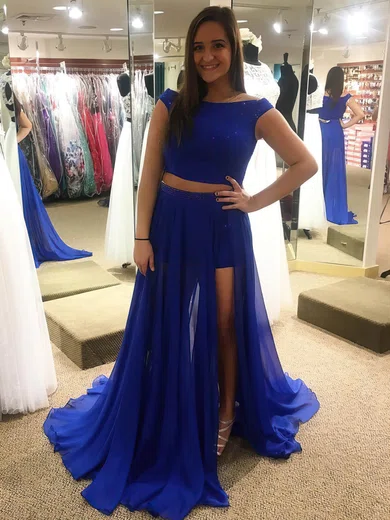 A-line Off-the-shoulder Chiffon Sweep Train Beading Prom Dresses #Favs020105291