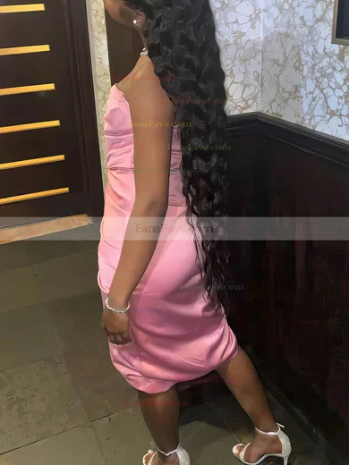 Sheath/Column Strapless Silk-like Satin Tea-length Short Prom Dresses With Split Front #Favs020020111098