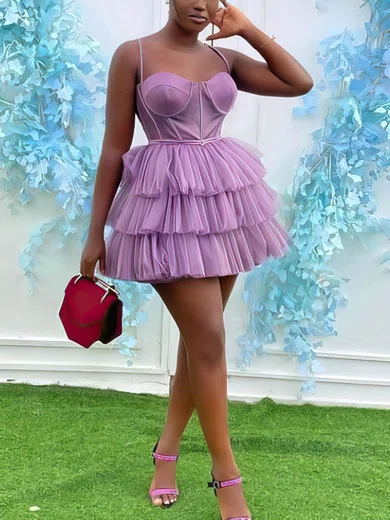 A-line Sweetheart Tulle Short/Mini Short Prom Dresses With Tiered #Favs020020111106
