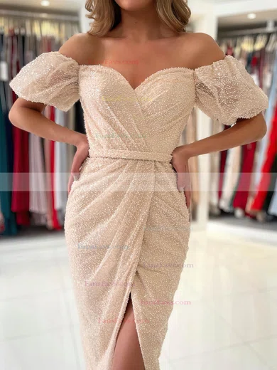 Sheath/Column Off-the-shoulder Glitter Tea-length Split Front Short Prom Dresses #Favs020020108597