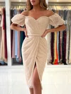 Sheath/Column Off-the-shoulder Glitter Tea-length Split Front Short Prom Dresses #Favs020020108597