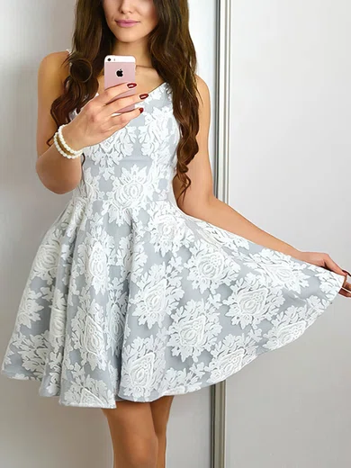A-line V-neck Lace Tulle Short/Mini Short Prom Dresses #Favs020020110255