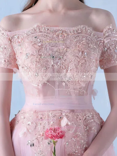 A-line Off-the-shoulder Tulle Knee-length Short Prom Dresses With Lace #Favs020020111119