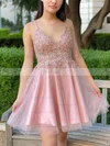A-line V-neck Tulle Short/Mini Short Prom Dresses With Lace #Favs020020111123