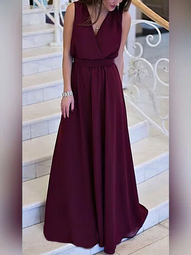 A-line V-neck Chiffon Sweep Train Sashes / Ribbons Prom Dresses #Favs020105360