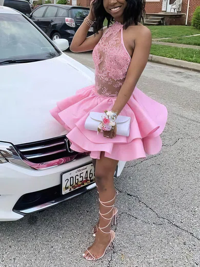 A-line Scoop Neck Satin Short/Mini Short Prom Dresses With Lace #Favs020020111126