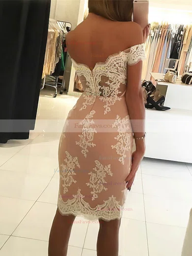 Sheath/Column Off-the-shoulder Lace Tulle Knee-length Short Prom Dresses With Appliques Lace #Favs020020110268