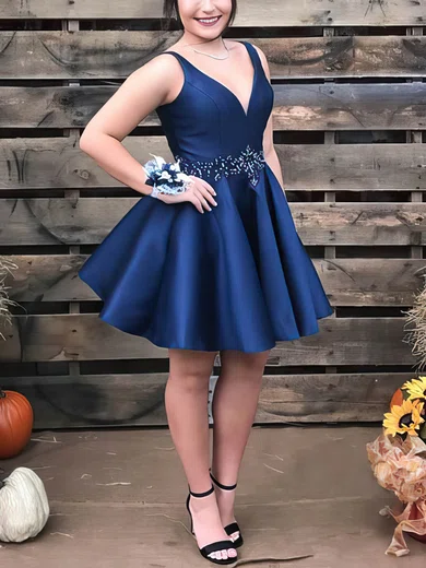 A-line V-neck Satin Short/Mini Short Prom Dresses With Sashes / Ribbons #Favs020020111130