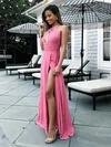 A-line Scoop Neck Chiffon Floor-length Split Front Prom Dresses #Favs020105363