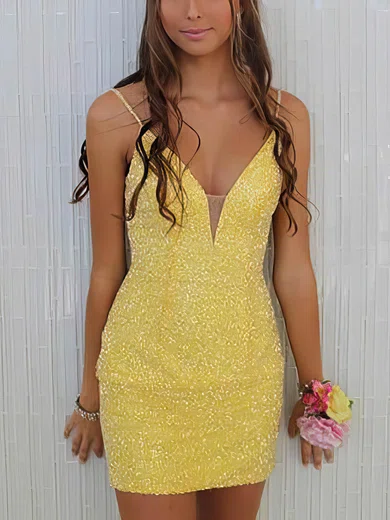 Sheath/Column V-neck Sequined Short/Mini Short Prom Dresses #Favs020020111133