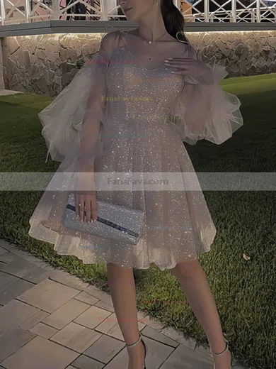 A-line Off-the-shoulder Glitter Short/Mini Short Prom Dresses With Ruffles #Favs020020111135