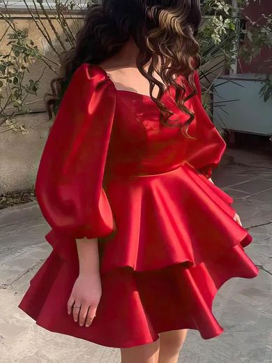 A-line V-neck Satin Short/Mini Short Prom Dresses With Tiered #Favs020020111137