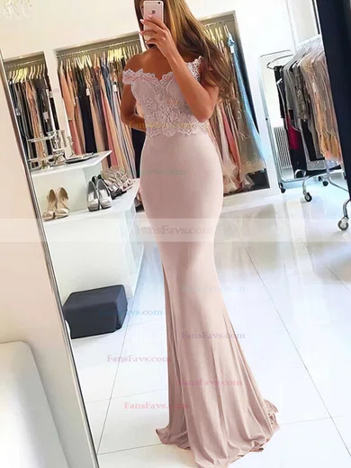 Sheath/Column Off-the-shoulder Jersey Sweep Train Beading Prom Dresses #Favs020105707