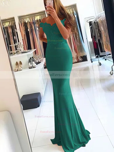 Sheath/Column Off-the-shoulder Jersey Sweep Train Beading Prom Dresses #Favs020105707