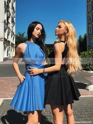 A-line Scoop Neck Satin Short/Mini Short Prom Dresses With Pockets #Favs020020110389