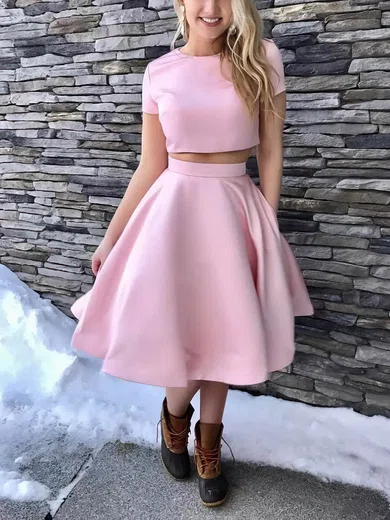 A-line Scoop Neck Satin Knee-length Short Prom Dresses With Pockets #Favs020020110392