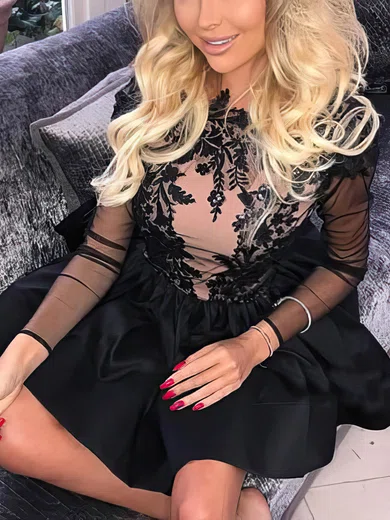 A-line Scoop Neck Satin Short/Mini Short Prom Dresses With Lace #Favs020020111150