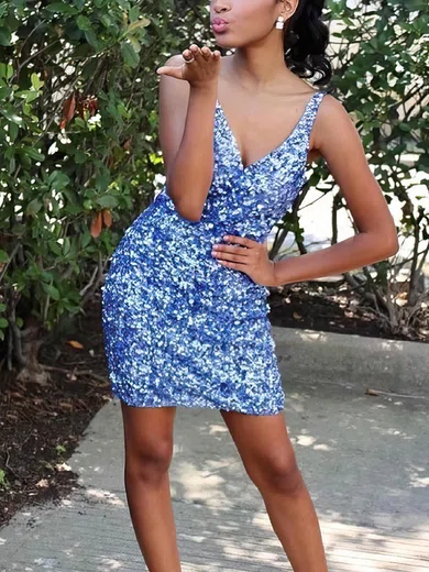 Sheath/Column V-neck Sequined Short/Mini Short Prom Dresses #Favs020020110395