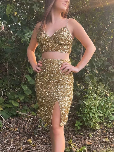 Sheath/Column V-neck Sequined Knee-length Short Prom Dresses With Split Front #Favs020020111153