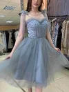 A-line V-neck Tulle Tea-length Short Prom Dresses With Beading #Favs020020111154