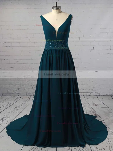 A-line V-neck Chiffon Sweep Train Beading Prom Dresses #Favs020105755