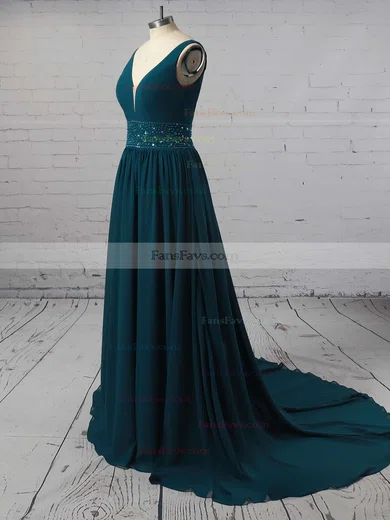 A-line V-neck Chiffon Sweep Train Beading Prom Dresses #Favs020105755