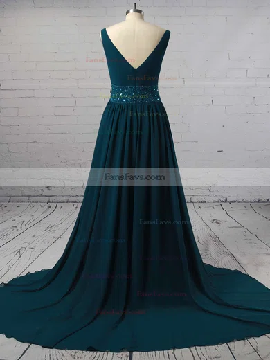 A-line V-neck Chiffon Sweep Train Beading Prom Dresses #Favs020105755