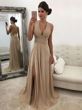A-line V-neck Chiffon Sweep Train Beading Prom Dresses #Favs020105761 A-line V-neck Chiffon Sweep Train Beading Prom Dresses #Favs020105761