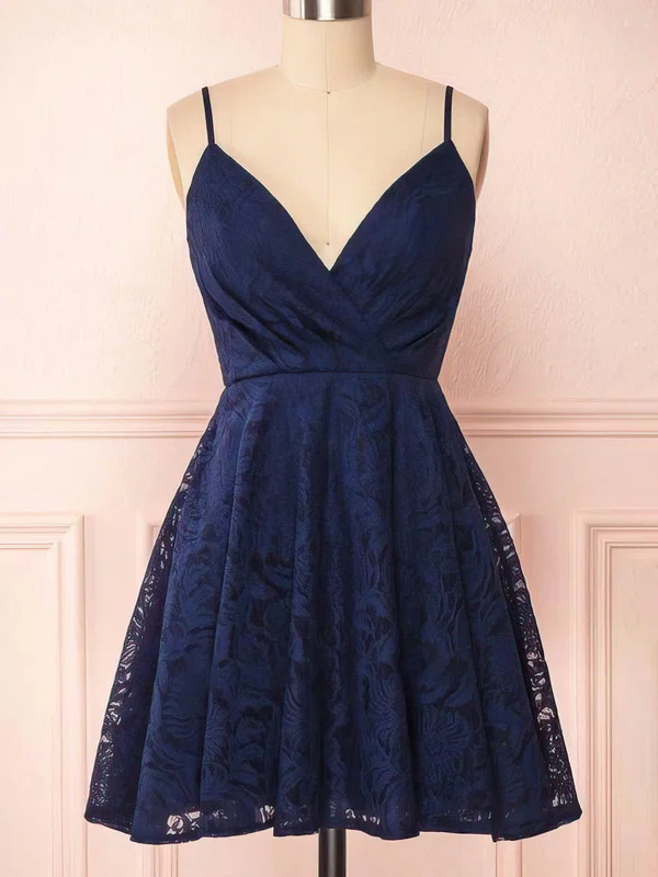 A-line V-neck Lace Short/Mini Short Prom Dresses With Ruffles #Favs020020110405
