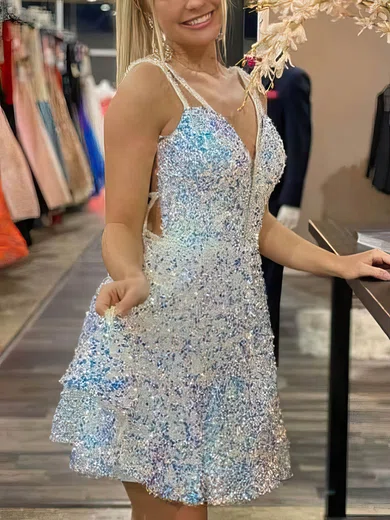 A-line V-neck Sequined Knee-length Short Prom Dresses #Favs020020111169