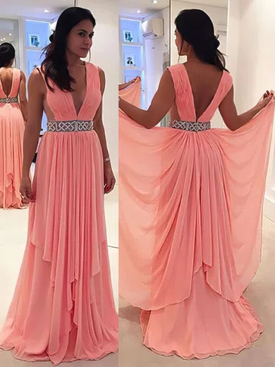 A-line V-neck Chiffon Sweep Train Beading Prom Dresses #Favs020105780