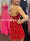 A-line V-neck Tulle Lace Short/Mini Short Prom Dresses With Appliques Lace #Favs020020111174