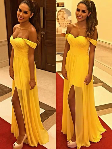 A-line Off-the-shoulder Asymmetrical Chiffon Prom Dresses with Split Front #Favs02016864