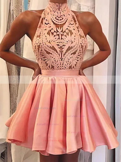 A-line High Neck Satin Asymmetrical Short Prom Dresses With Lace #Favs020020110418