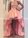 A-line High Neck Satin Asymmetrical Short Prom Dresses With Lace #Favs020020110418