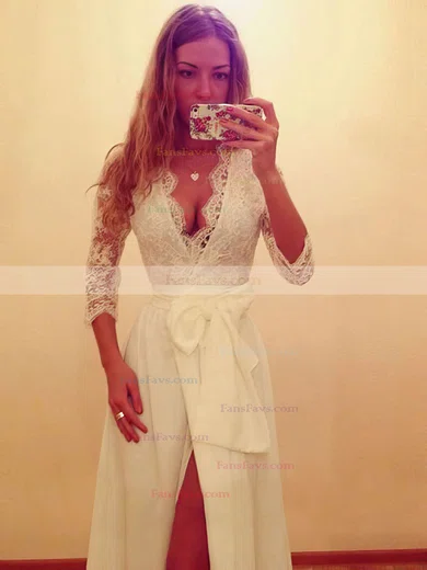 A-line V-neck Floor-length Chiffon Prom Dresses with Lace Split Front #Favs02016899