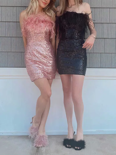 Sheath/Column Strapless Sequined Short/Mini Short Prom Dresses With Feathers / Fur #Favs020020111193