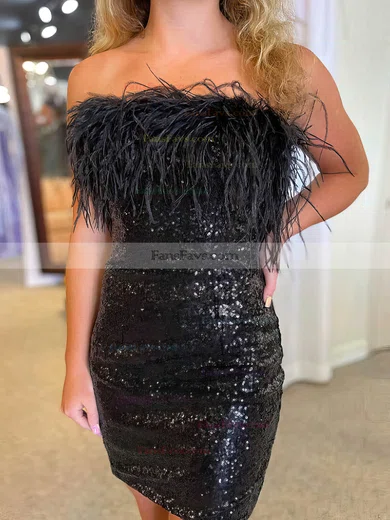Sheath/Column Strapless Sequined Short/Mini Short Prom Dresses With Feathers / Fur #Favs020020111193
