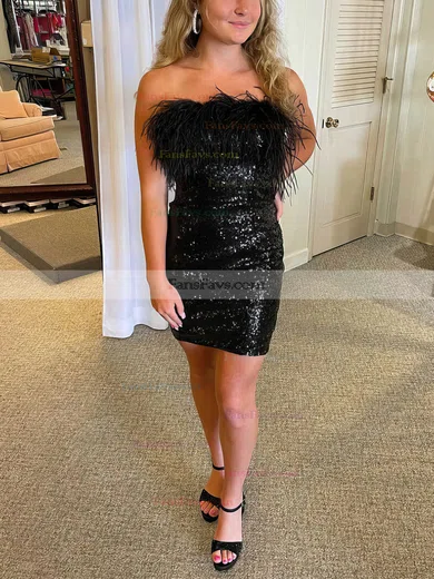 Sheath/Column Strapless Sequined Short/Mini Short Prom Dresses With Feathers / Fur #Favs020020111193