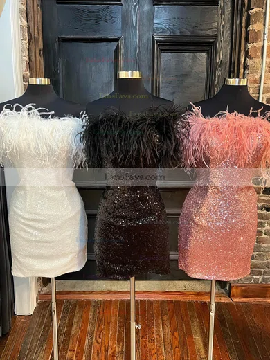 Sheath/Column Strapless Sequined Short/Mini Short Prom Dresses With Feathers / Fur #Favs020020111193
