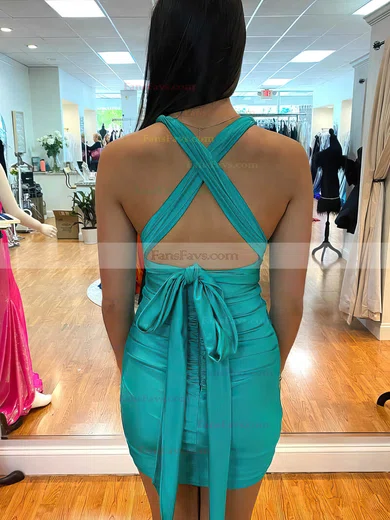 Sheath/Column V-neck Jersey Short/Mini Short Prom Dresses With Bow #Favs020020111195