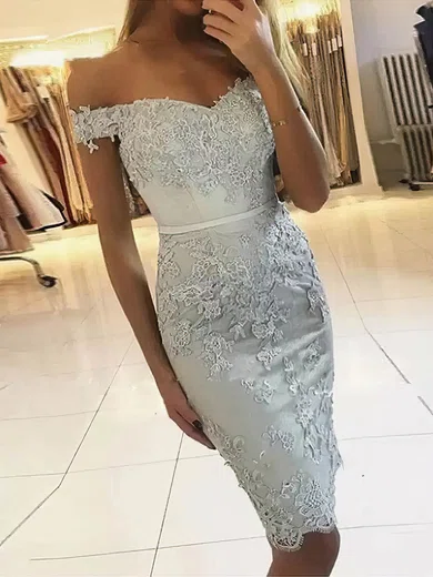 Sheath/Column Off-the-shoulder Tulle Knee-length Short Prom Dresses With Appliques Lace #Favs020020110436