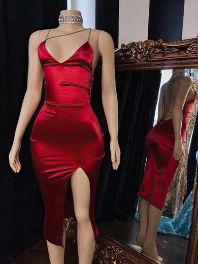 Sheath/Column V-neck Silk-like Satin Tea-length Short Prom Dresses With Split Front #Favs020020110438