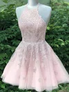A-line Halter Tulle Short/Mini Short Prom Dresses With Lace #Favs020020110447