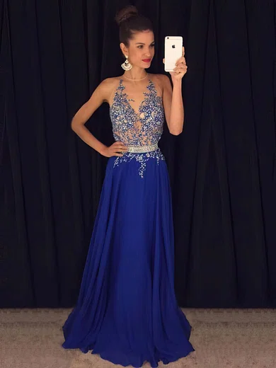 A-line Scoop Neck Chiffon Sweep Train Beading Prom Dresses #Favs020102188