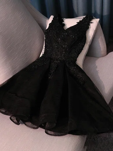 A-line V-neck Lace Short/Mini Short Prom Dresses With Beading #Favs020020110452